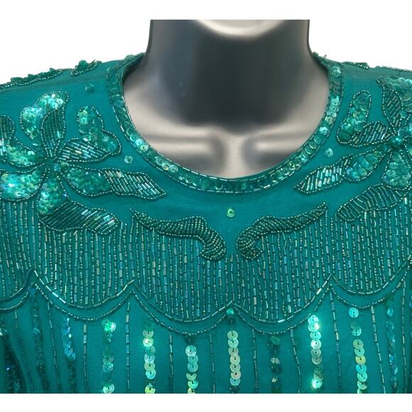 Nadine Boutique Vintage 100% Silk Hand Beaded Turquoise Green Cocktail Dress-M - Picture 4 of 16